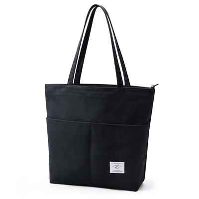 KALIDI Women's Canvas Tote Bag, Large Capacity Shoulder Bag, Solid Color, for School and Travel, Unisex, with Zipper and Pocket (Black)