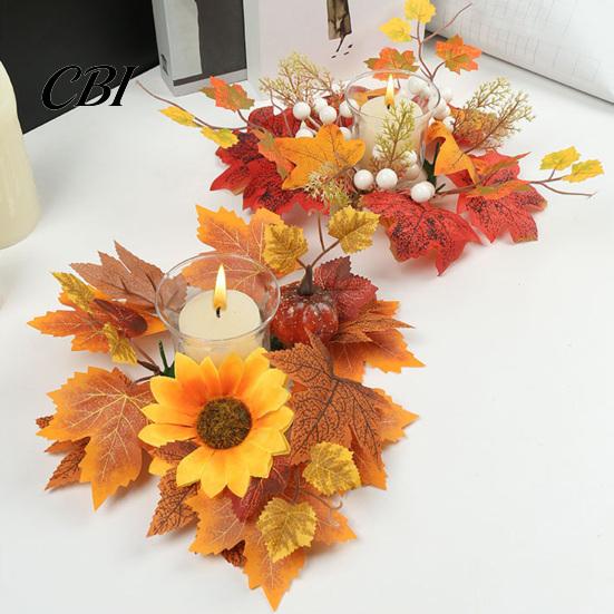 Pillar Candle Holder Autumn Fall Rings Wreaths, Artificial Maple Leaf Ring for Berry And Pumpkin Decor Holder, Thanksgiving Halloween Home Party Table