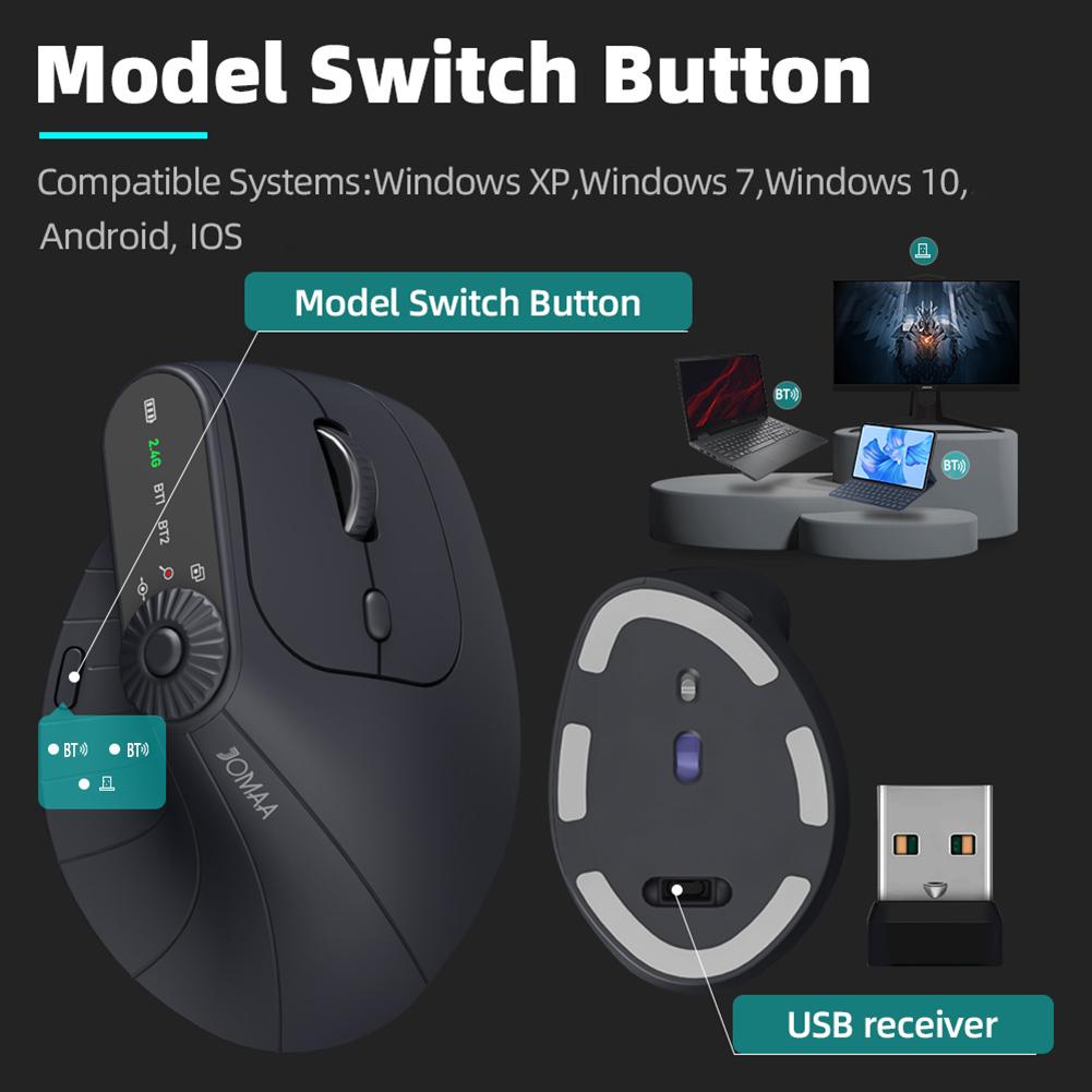 Ergonomic Vertical Mouse 2.4GHz Bluetooth Wireless Optical Mouse Adjustable 1000-2400 DPI Rechargeable Laptops PC Computer Mice