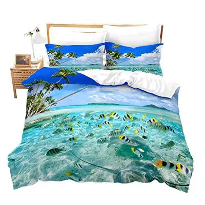 Strand-Bettbezug-Set, Doppelbett, für Kinder, Ozean-Bettwäsche-Set, Bettwäsche, hawaiianisch-tropisch bedruckt, Mikrofaser-Polyester-Bettbezug