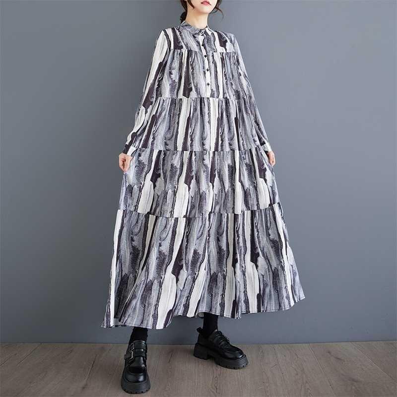 New Large Size Loose Thin Fashion Long-sleeved Printed Dresses