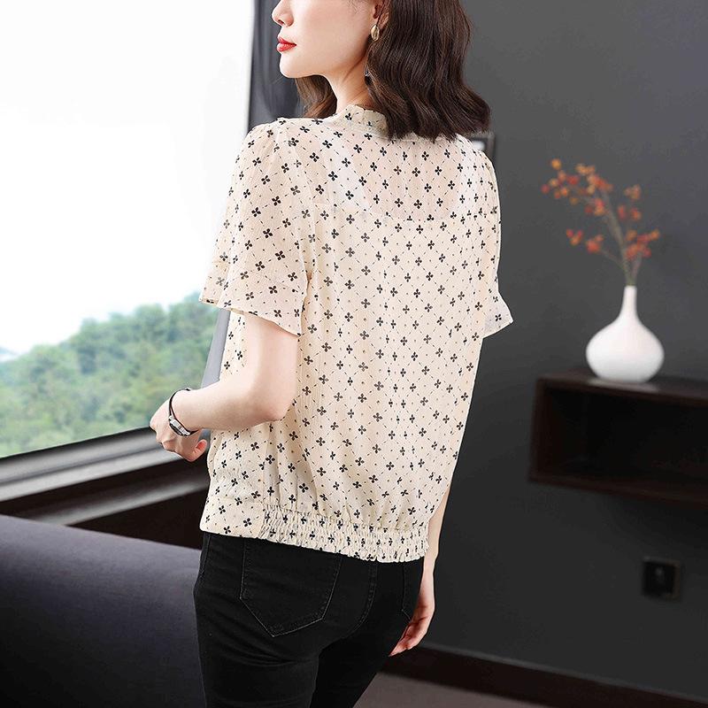 2023 Women's Plus Size Chiffon Blouse: Short Sleeve, Round Neck, Fashionable Printed Summer Top for Mom