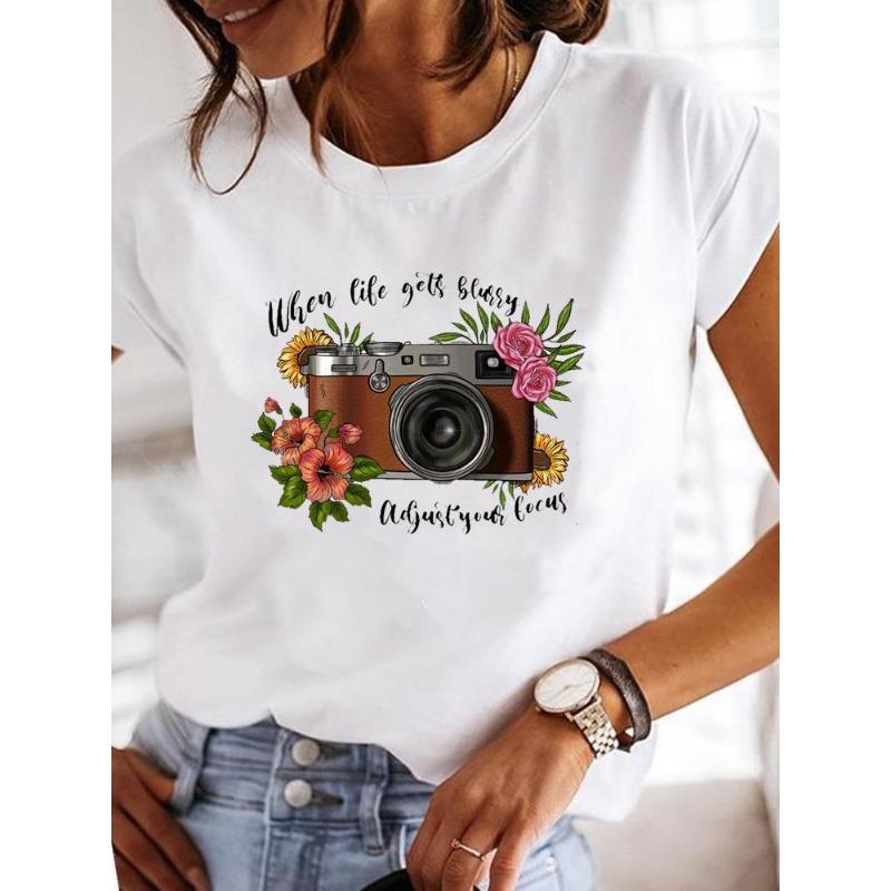 Sommer Rundhals Herzförmige Blume Liebe Aufdruck Top Modisches Lässiges Reines Baumwoll Kurzarm Damen T-Shirt