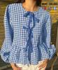 Black White Gingham Long Sleeve Top with Bow Tie and Ruffle Hem