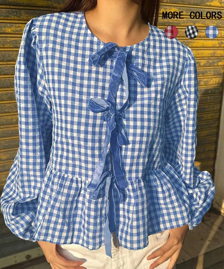 Black White Gingham Long Sleeve Top with Bow Tie and Ruffle Hem