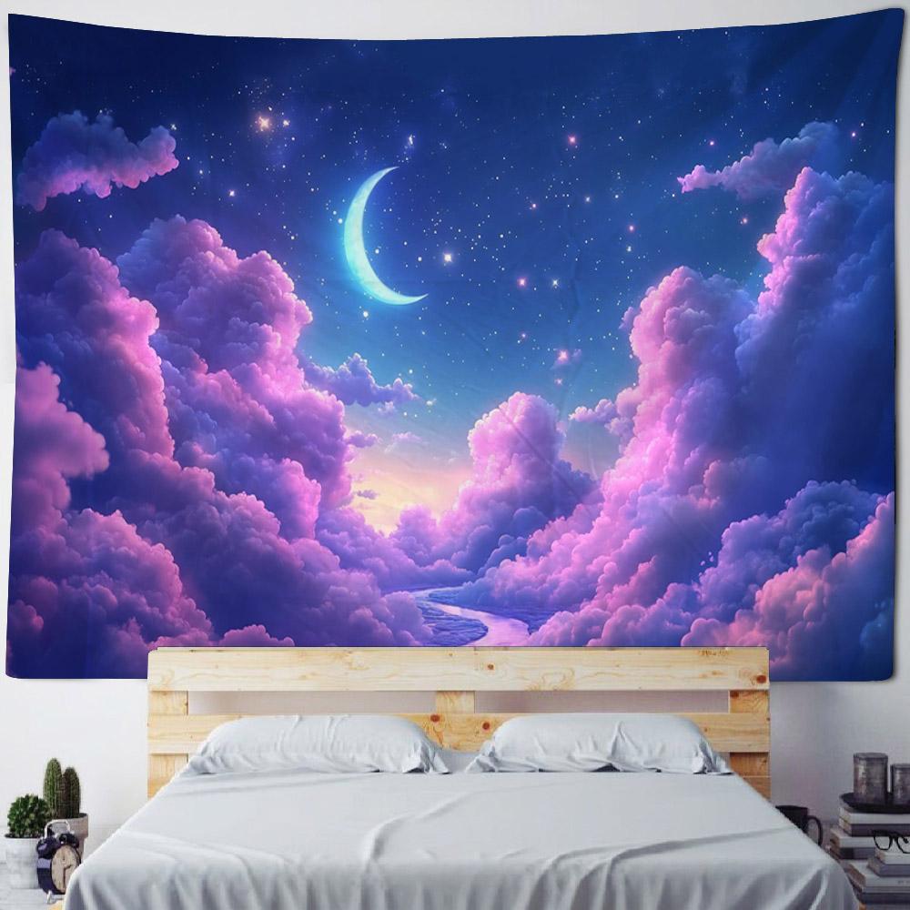 Dreamy Starry Sky Landscape Tapestries Moon Stars Hippie Home Decor Bedroom Dormitory Wall Hangings Artistic Backgrounds