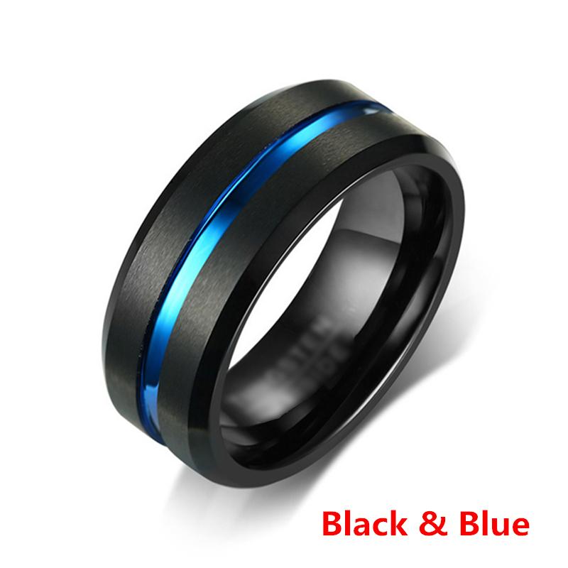 8MM Men's Stainless Steel Rings Blue Red Colorful Groove Beveled Edge Wedding Engagement Ring Men's Anniversary Jewelry