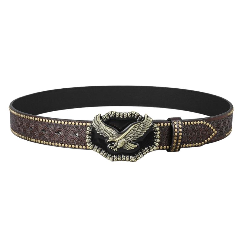 Western PU Leathers Cowboy Buckle Belt for Men and Women Jeans Engraved Floral Metal Eagle Buckle Belt