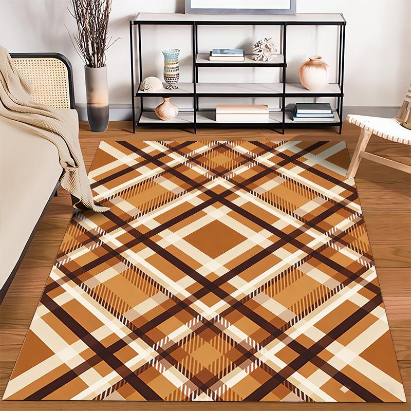 Modern Plaid Pattern Carpet In Brown and Orange, Minimalist Style Rug Suitable for Use As an Anti-slip for Living Room Bedroom Sofas