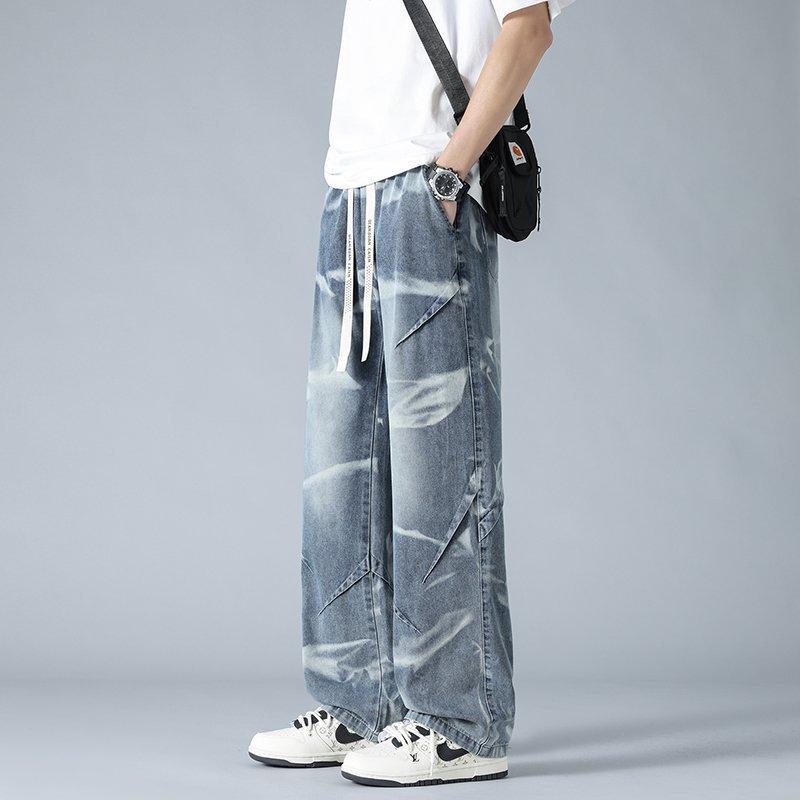 

Джинсы тай-дай Мужские Летние Прохладные Прямые Повседневные Брюки Мужские Подростковые Модные Красивые Брюки с Широкими Штанинами Мужские M синий