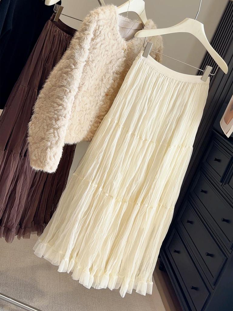 Korean-Style Pleated Elastic Waist Skirt - Women's Spring/Autumn, Slim Fit, Large Hem