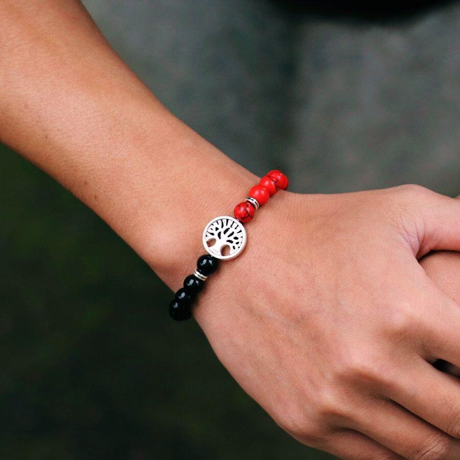 Neues Mode-Lebensbaum-Armband für Herren Zweifarbig Natürliche Tigeraugen Obsidianstein Armband Glücksbringer Roter Howlith Charm Armband Pulsera