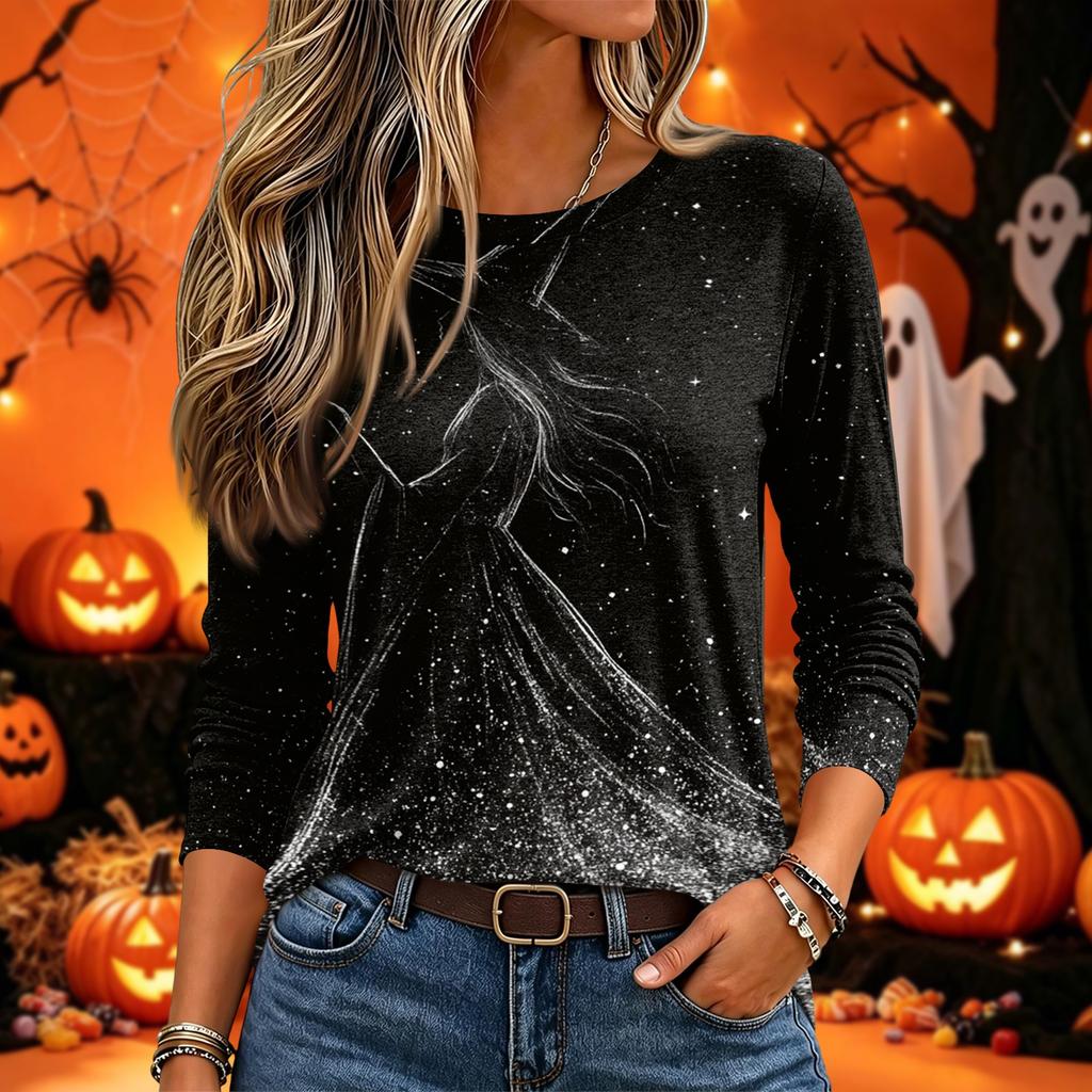Women's Halloween Printed Neck Long Sleeve Pullover Top