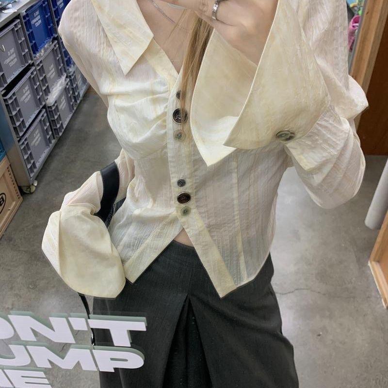 A chic and beautiful little shirt for women, spring/autumn French design, niche and gentle style, short long-sleeve tie-up shirt top