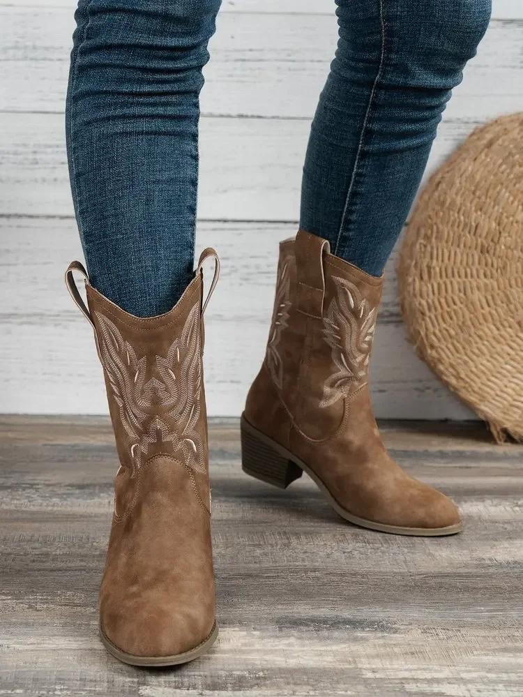 Klasyczne buty kowbojskie dla kobiet zamsz krowi szpiczasty nosek kliny buty do kostki proste wygodne buty kowbojskie damskie D85