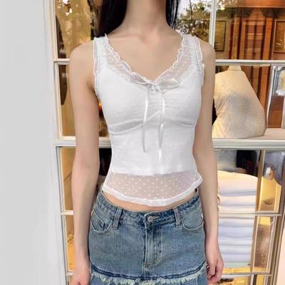BM Style Ruffle V-Neck Bow Mesh See-Through Slimming Vest Top for Women
