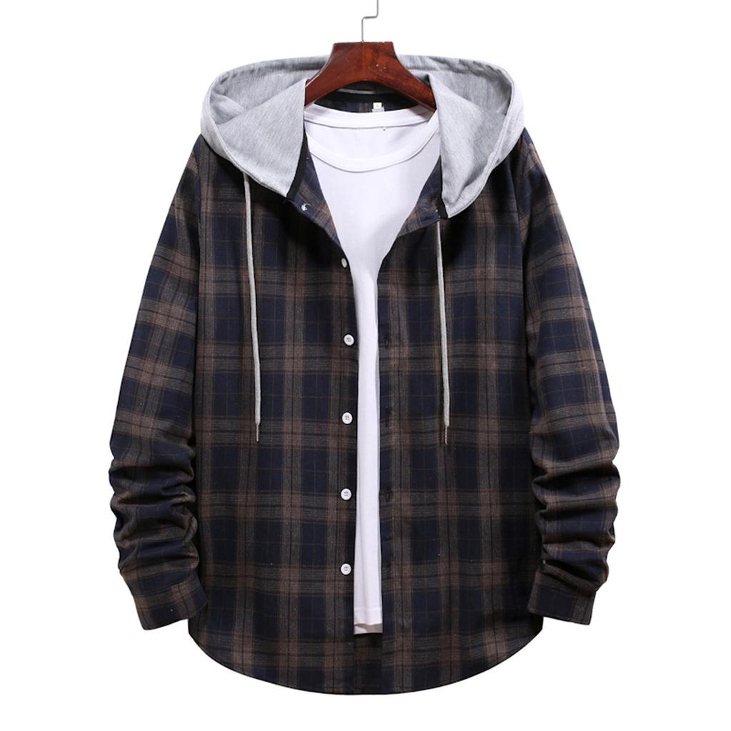 Men Casual Plaid Shirt Hooded Shirts Oversized Casual Shirt Men's Clothes European American Style Handsome Holiday Checked Shirt