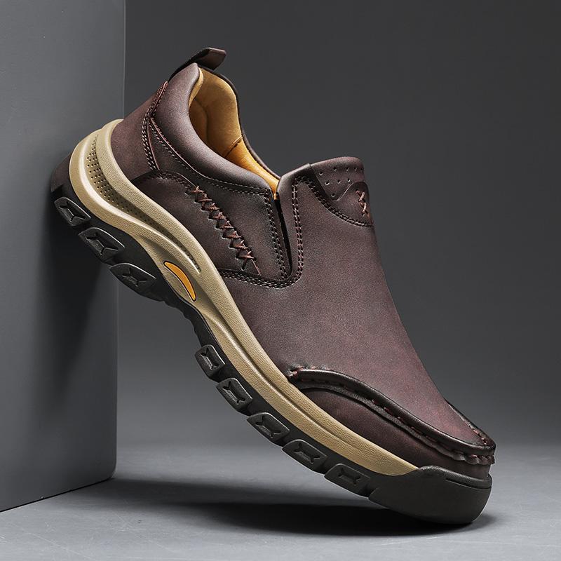 Retro New Black Brown Loafers Men's Thick-soled Outdoor Hiking Leather Casual Shoes Male Slip On Walking Footwears
