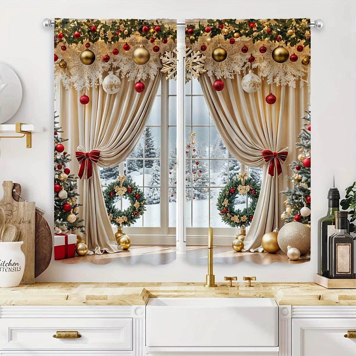 

Twill Weave Christmas Decoration Printed Curtains Bedroom Living Room Home Curtain Set Of 2 Classic Made Polyester Washable Ready W100*H70(CM)-Hooks&2PCS