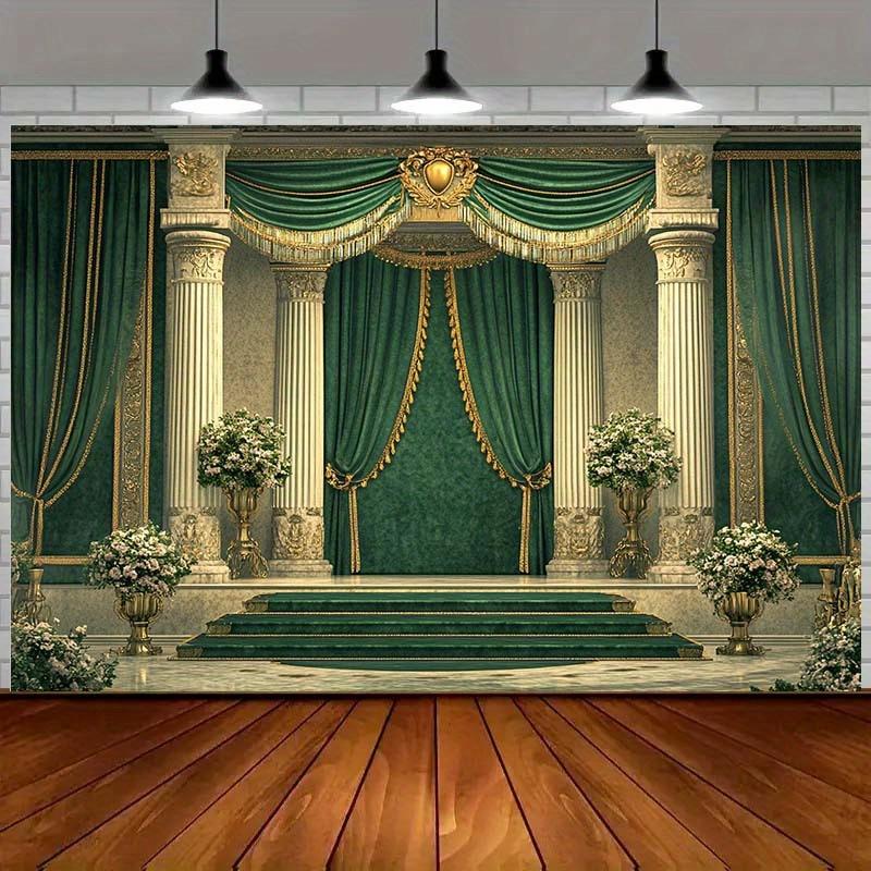 One Piece of Luxurious Background Fabric for European Palaces - with Emerald Green and Gold Accents, Made of Polyester Fabric