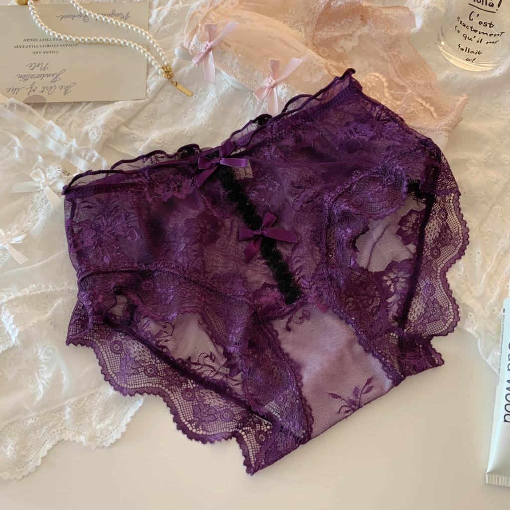 Ladies Summer Sexy Lace Bow Soft Pure Net Yarn Pure Cotton File High Waist Briefs