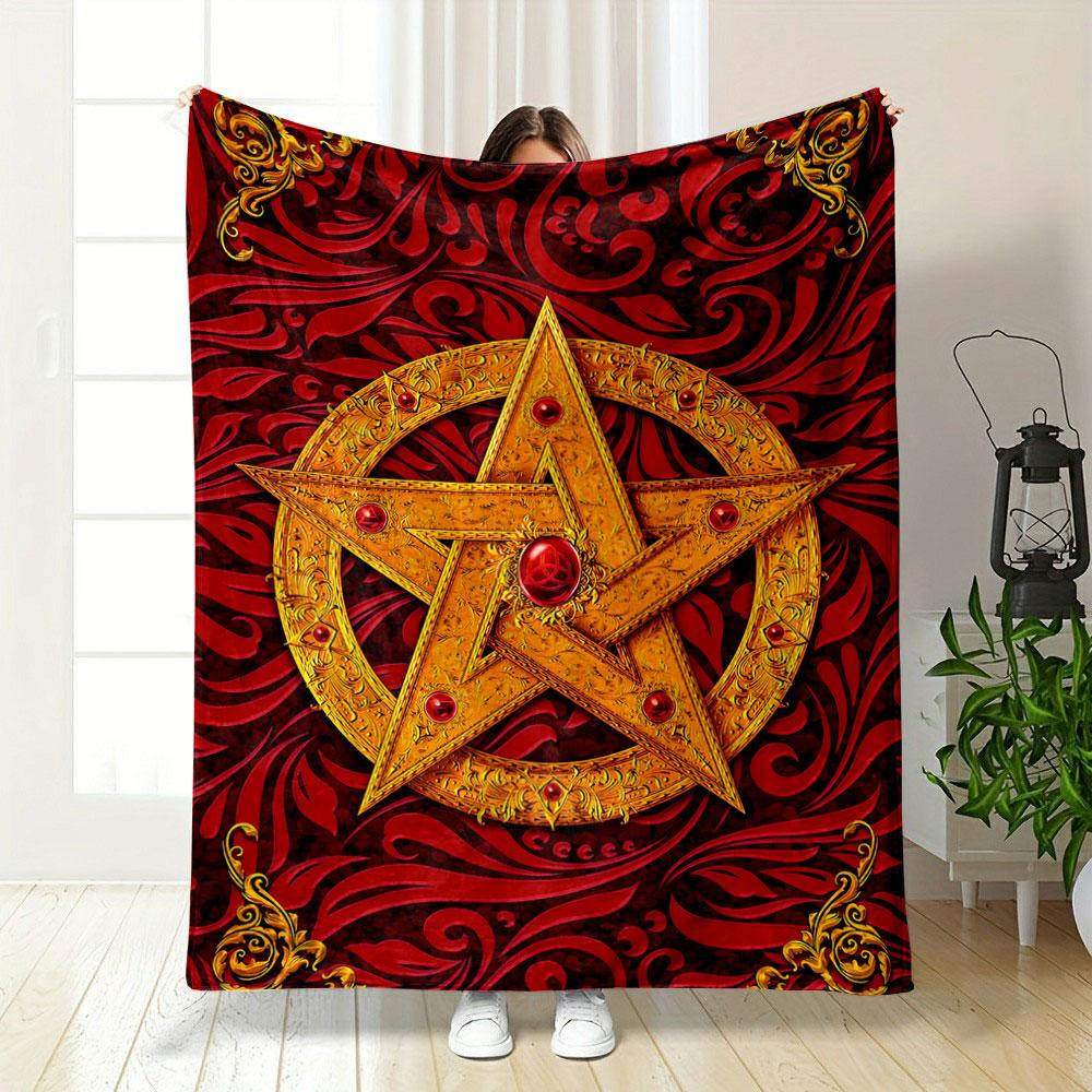 Intricate golden pentagram with red gems on swirling red floral background. for all seasons blanket lunch break throw gift