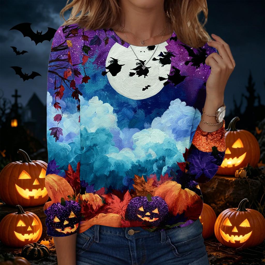 Womens Halloween Graphic Pullover Sweatshirt Long Sleeve Crewneck Casual Top Lightweight Soft Fabric