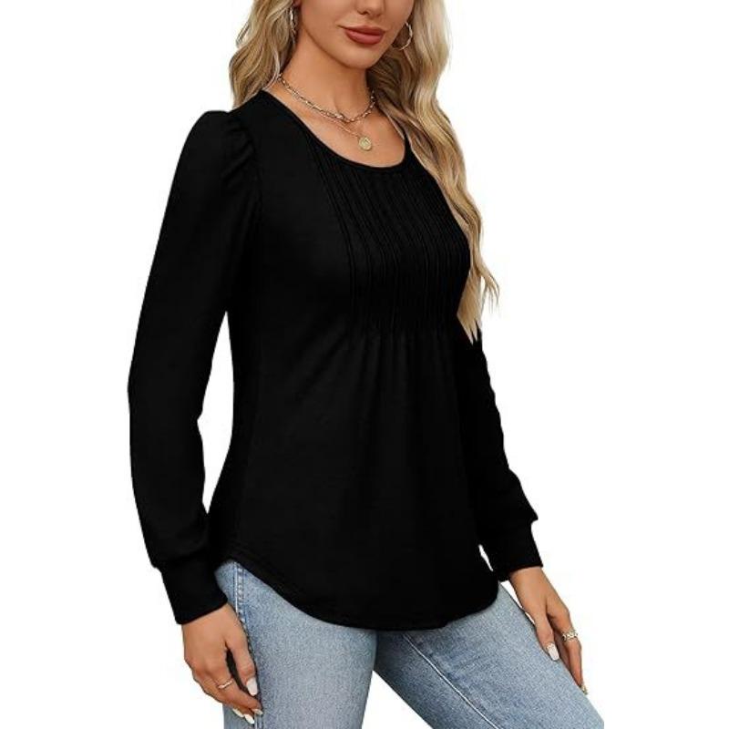 Women's Blouse Bubble Sleeve Drawstring Ruffle Round Neck Long Sleeve Top