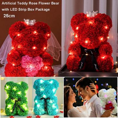 Multicolors Artificial Flower With/without LED Strip Girlfriend Birthday Gift Eternal Rose Bear 15*15*22cm
