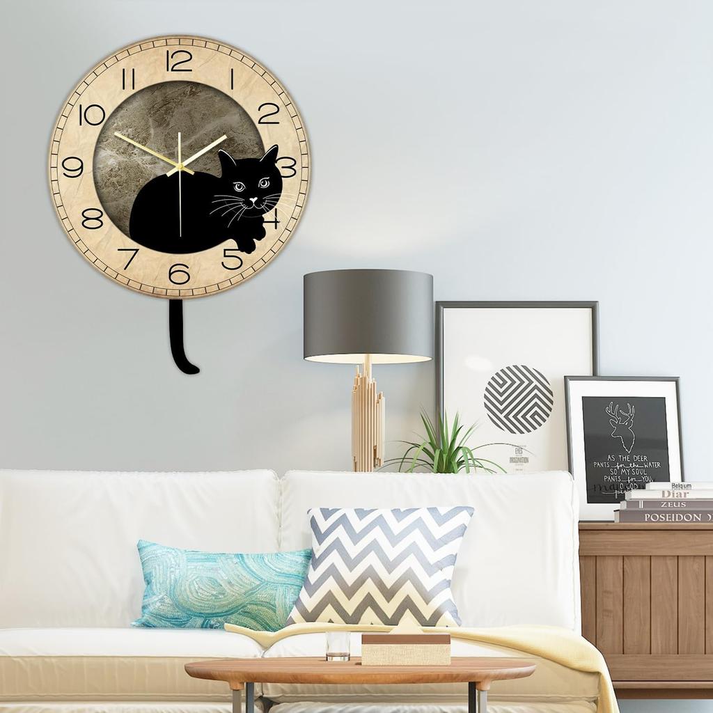Black Cat Clock with Moving Tail Vintage, Funny Cat Wall Clock with Swinging Tail Silent Non Ticking Battery Operated Creative DIY Pendulum Wall