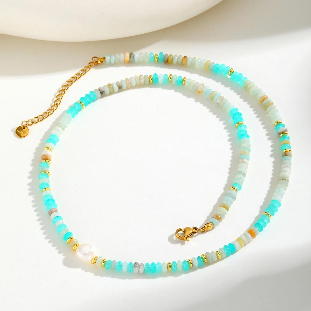Jewelry, Stainless Steel Chain, Natural Stone Beaded Gold Necklace Ladies Nc-2296