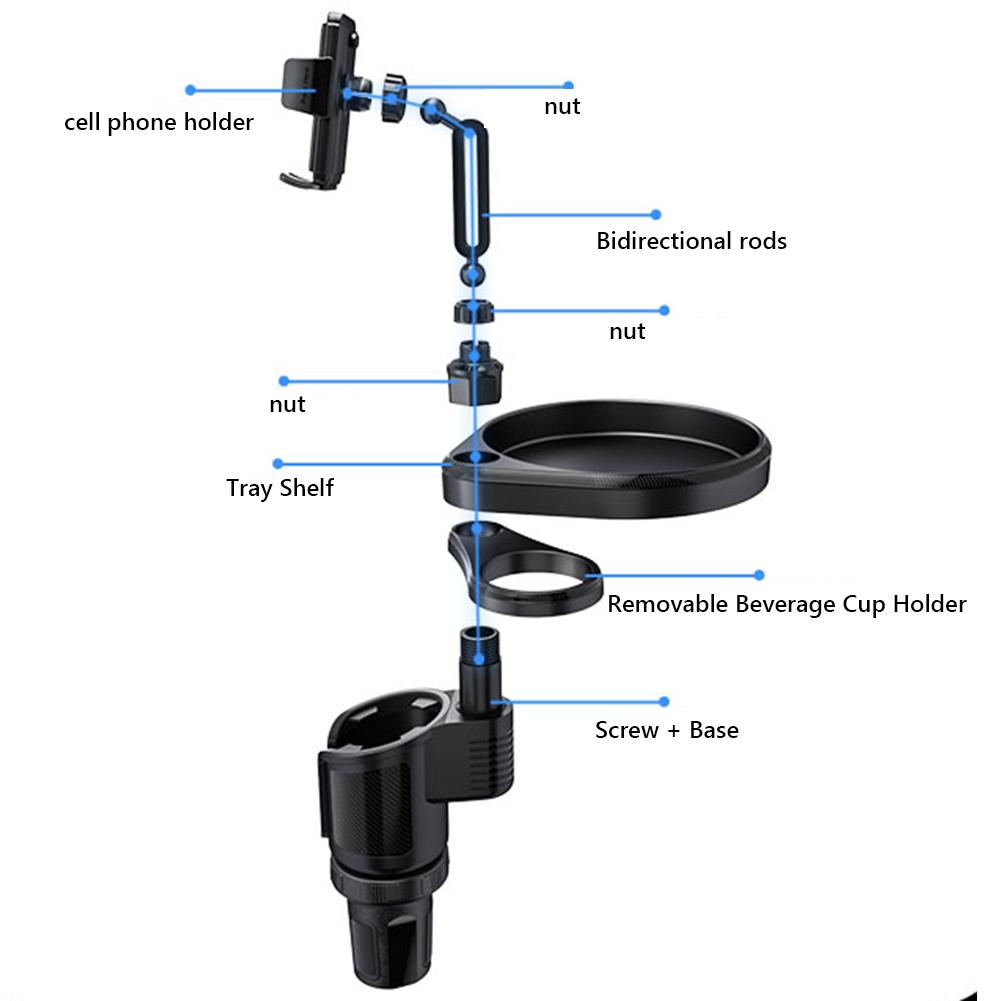 4-in-1 Automotive Cup Holder Attachable Tray with Phone Holder Car Organizer 2 Cup Holders Road Trip Essentials Car Accessories