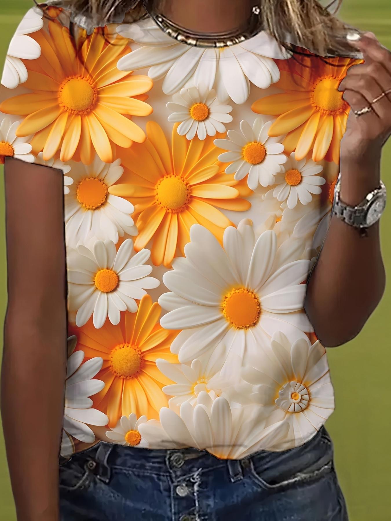 

Fresh Gradient Daisy Print T-Shirt Women S Vitality Pastoral Style Casual Short Sleeve Top Orange And White Contrast Atmosphere Sense Vitality Visual 3XL дубильная кора