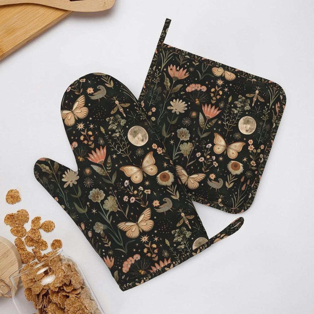 Oven Mitts Pot Holders Set Vintage Butterfly Moon Flower Silicone Kitchen Gloves Potholders Heat Resistant for Chef Baking Cooking Grilling BBQ 4