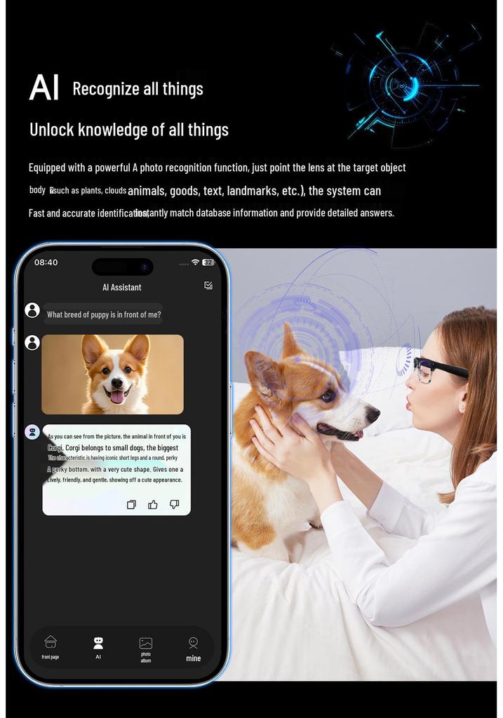 W630 Smart Glasses: 8MP Camera, Dual Mic, AI Object Recognition, HD Sound, Bluetooth.