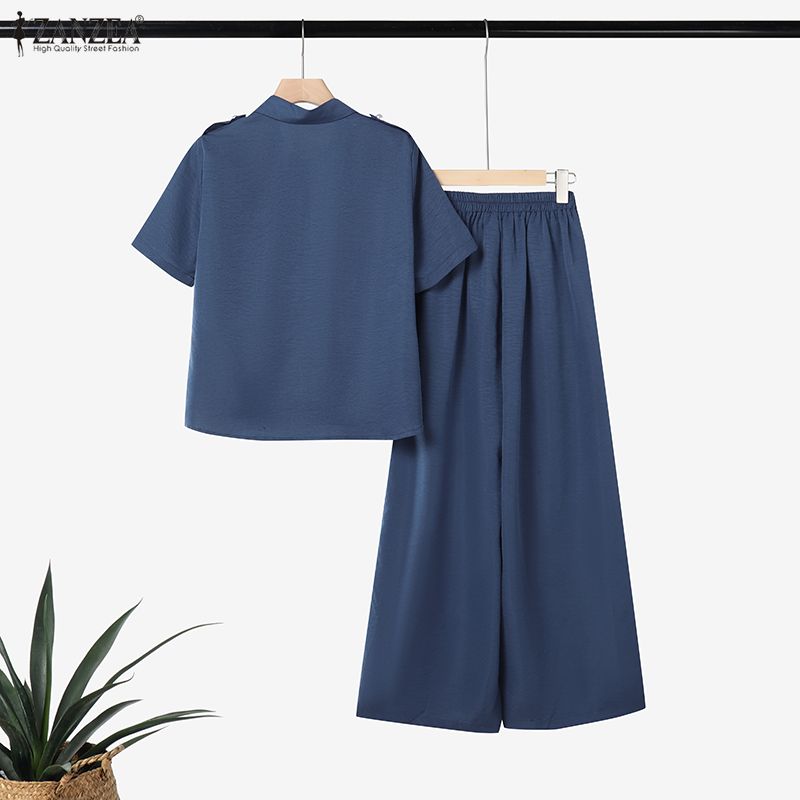 ZANZEA Women Classic Short Sleeve Blouse and Pants Casual Two Piece Suit Sets