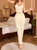 New Comfortable, Light and Sexy Home Kimono European and American Casual Round Neck Slim-fitting Suspender Clothes Pants Set