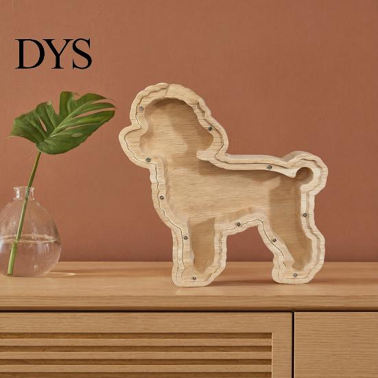 Children Piggy Bank Wooden Dog with Clear Front, Unbreakable Puppy Coin Cash Front Container, Decorative Animal Money Saving Box for Boys Girls