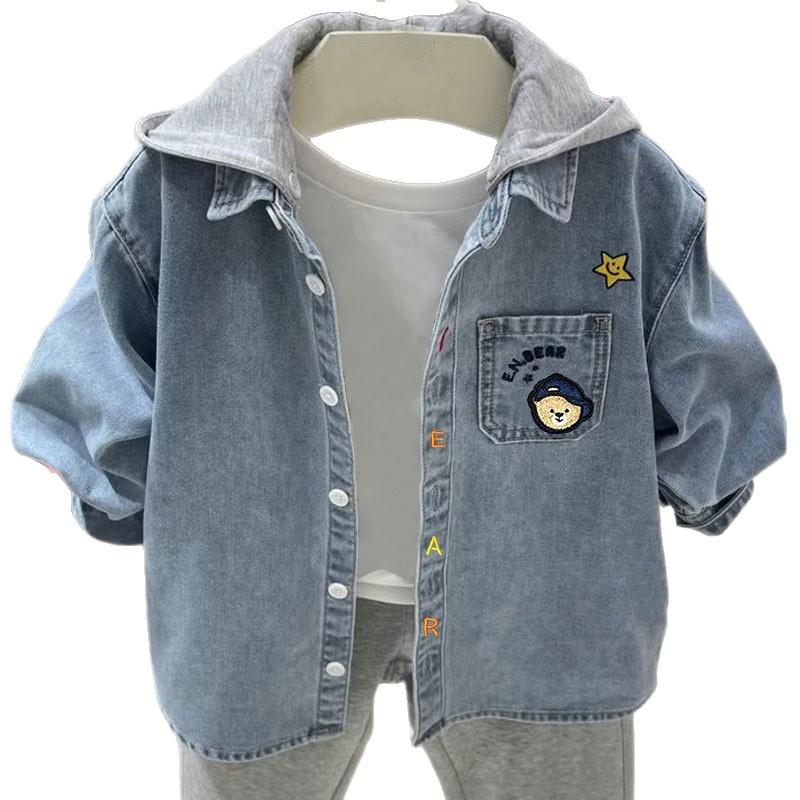 Jesienna kurtka dżinsowa z kapturem dla chłopców 2025 - Kardigan w jednolitym kolorze w stylu koreańskim