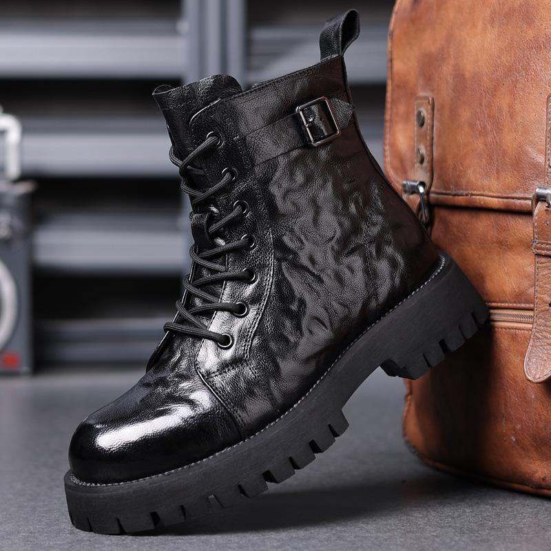 Winter First Layer Sheepskin Martin Boots Men's High-top Cotton Shoes Genuine Leather Men's Locomotive Boots Velvet Warm Trend Men's Shoes