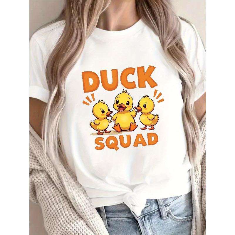 Ducklings DUCK SQUAD Print T-shirt, Short Sleeve Crew Neck Casual Top for Summer & Spring, Women's Clothing