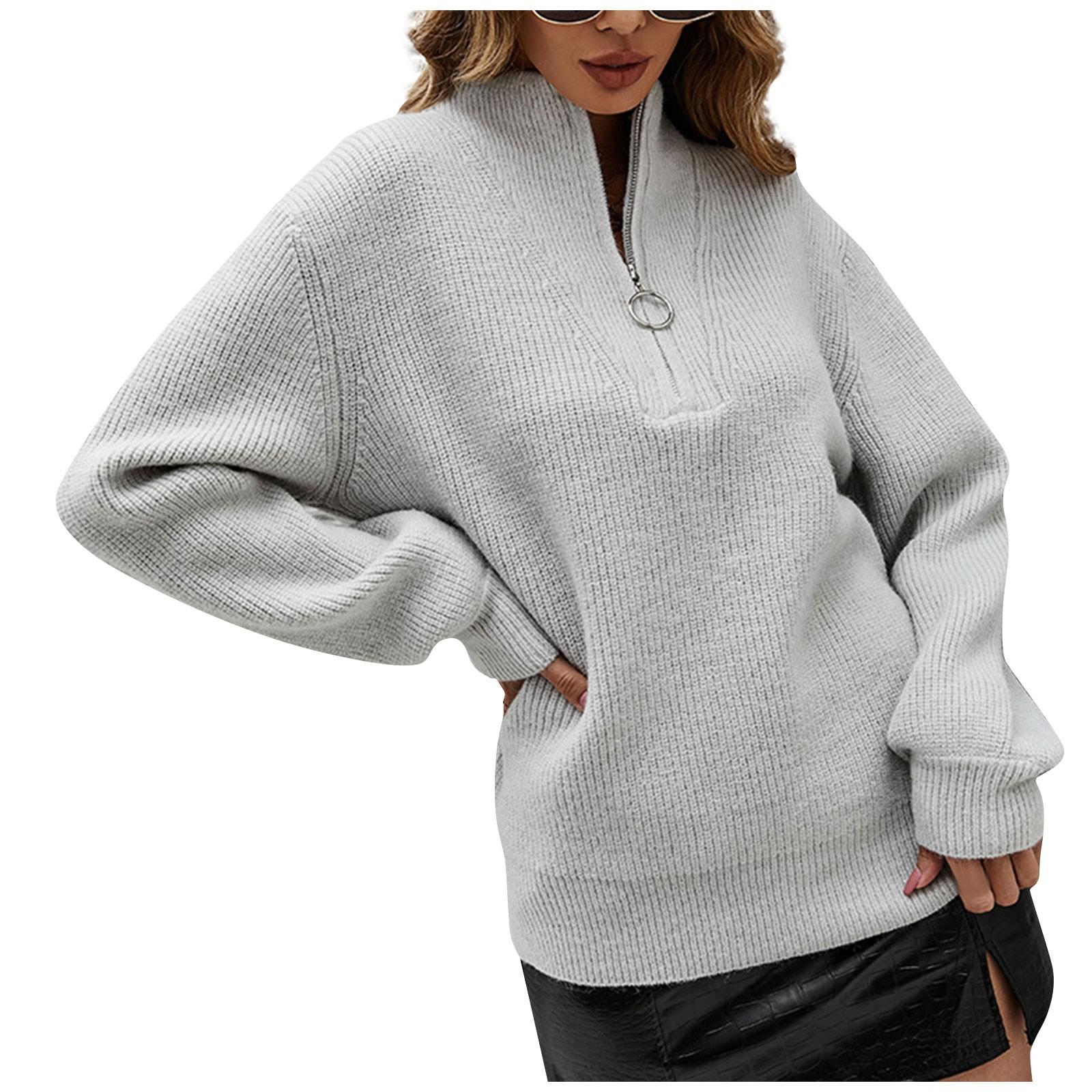 

Женский повседневный однотонный вязаный пуловер с длинными рукавами и v-образным вырезом на молнии XL серый