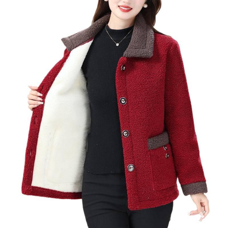 Women's Fleece Lapel Coat - Winter Casual Lamb Wool for Middle-Aged & Elderly