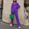 Women's 2 Piece Casual Outfits Long Sleeve Button Down Shirt High Waist Long Pants Loungewear Streetwear