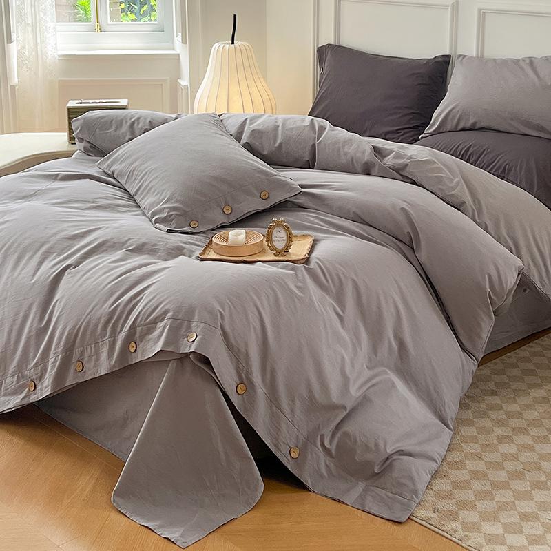 MUJI-Style Four-Piece Flannel & Washed Cotton Bedding Set with Buttoned Duvet Cover