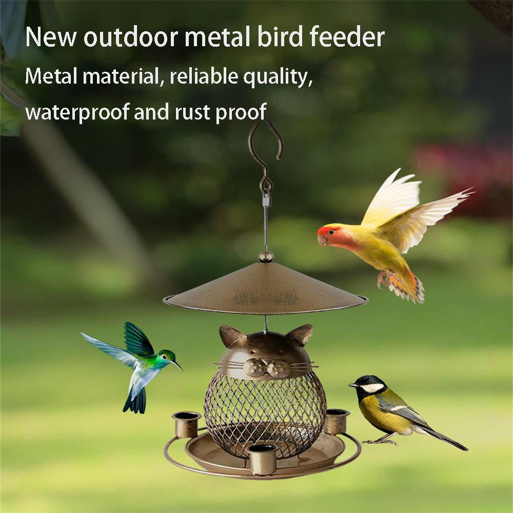 Outdoor Cat Bird Feeding Device With Cover Hanging Metal Iron Crafts For Courtyard Garden