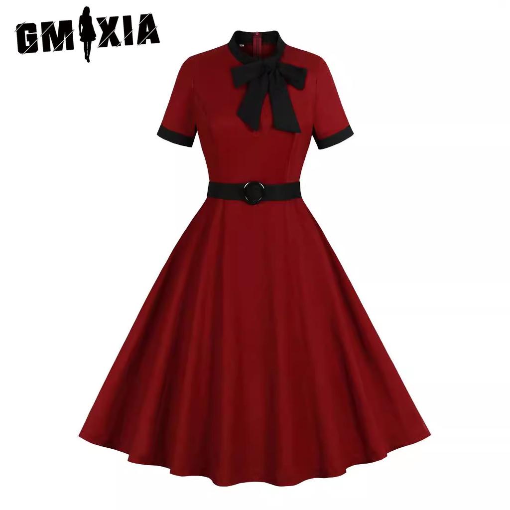 GMXIA Vintage Women's Bow Tie Tie Matching Wine Red Cotton Swing Mid-length Dress