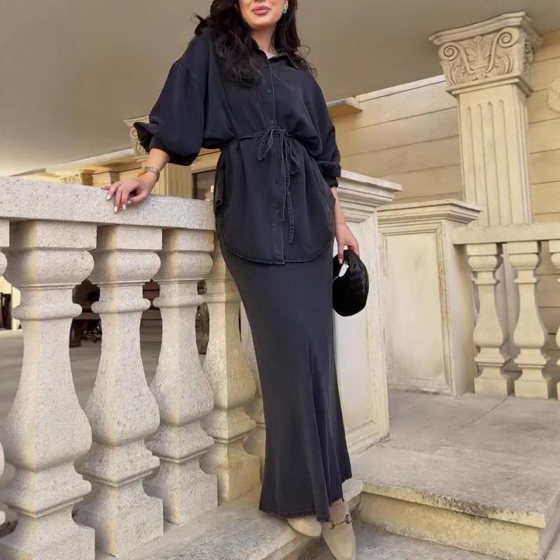 Cross-border European and American Women's Clothing, New Solid Color Belt Cardigan In Autumn 2025, Soft Temperament Long Dress Set