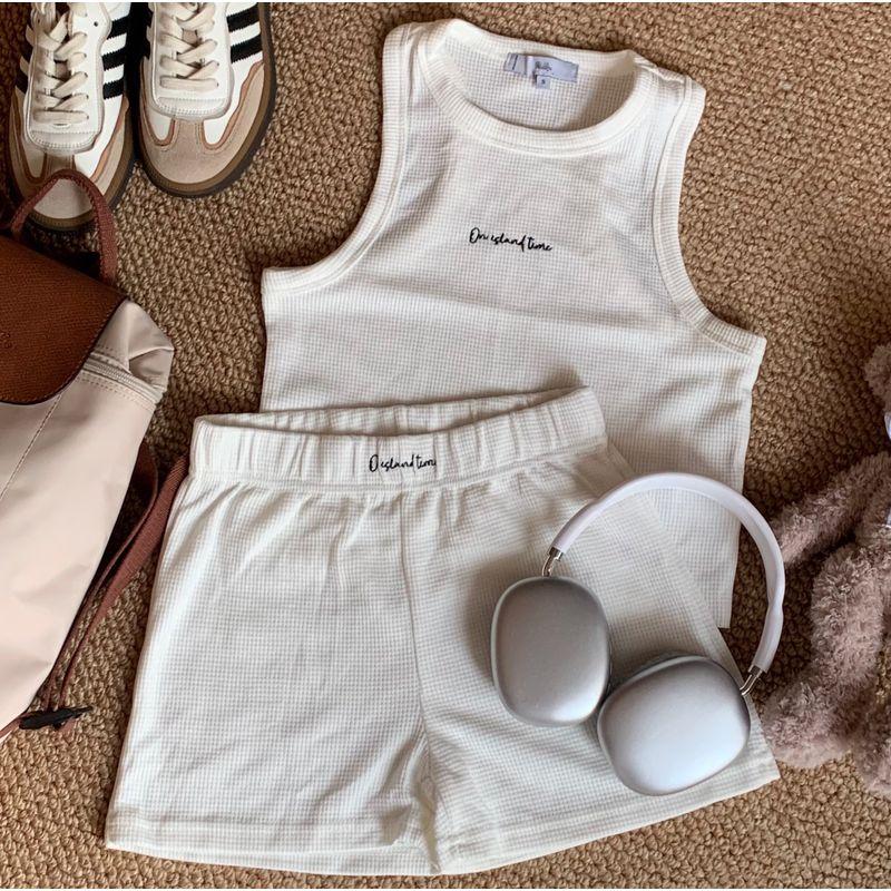 

Foreign Trade Order Adi * Embroidered Letters Thin Waffle round Neck Vest + Elastic Waist Shorts Set Milk White Vest XS
