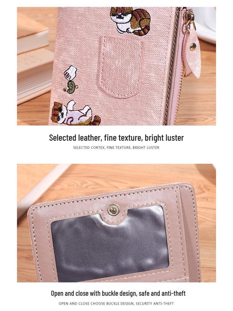Women's Large Capacity Cat Embroidery Multi-Card Bifold Wallet